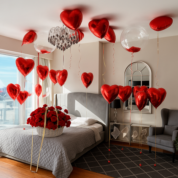 Love Red Heart Foil, Bubble Helium Balloons and Red Roses Flower Arrangement