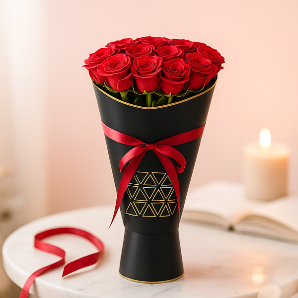 Lovely Red Roses Fresh Flower Hand Bouquet with Black HolderWrapper