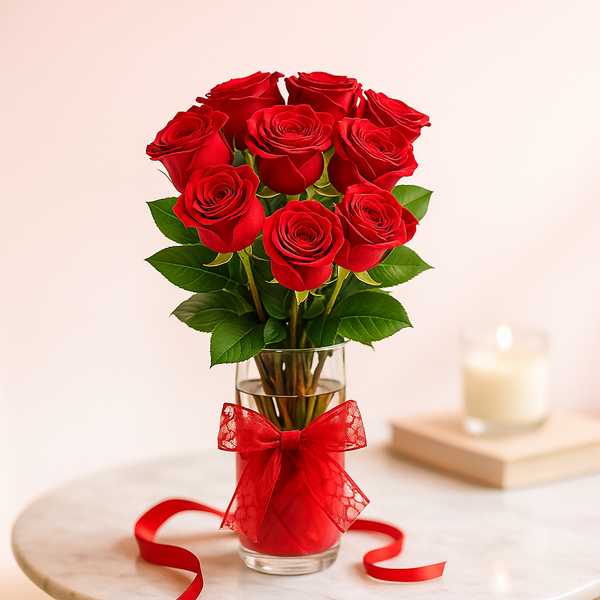 12 Long Stem Red Roses in a Glass Vase