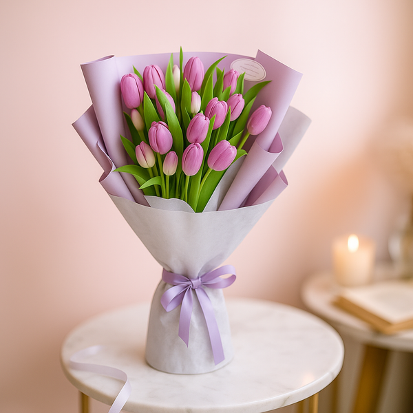 Posh Elegantly Pink Purple Tulip Hand Bouquet  Pre-Order 1 Day in Advance - with Logo