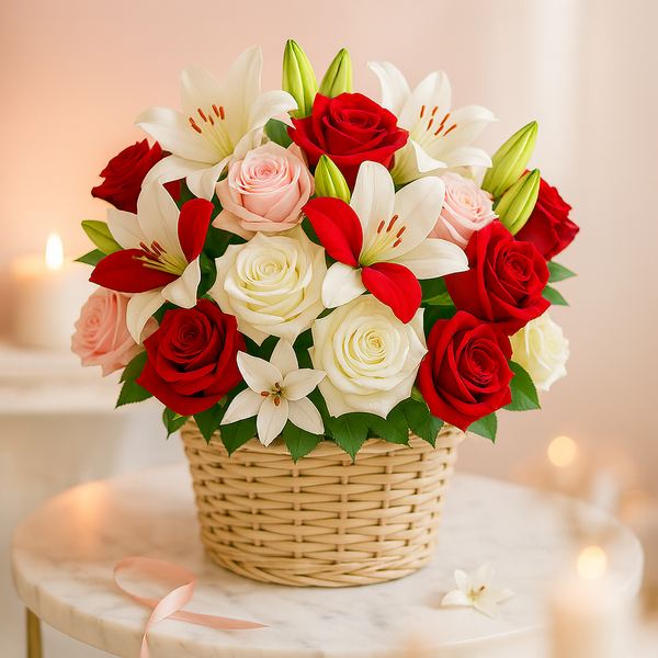 Seasonal Summer Majesty –  Roses & Lilies Basket