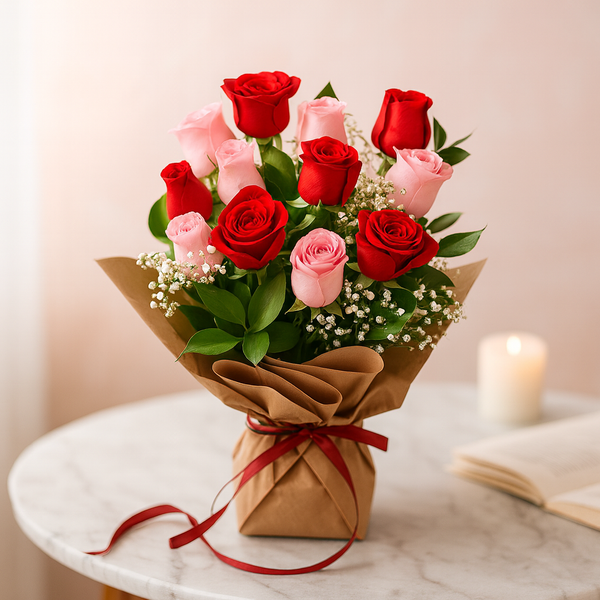 12 Mixed Pink & Red Roses Simple Arrangement