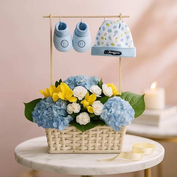 New Born Fresh Flower Arrangement with Baby Boots & Cap INCLUDED - BLUE