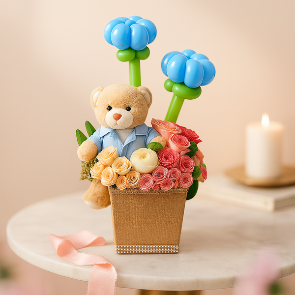 Blooms Baby Girl / Baby Boy Teddy Flower Balloon Arrangement