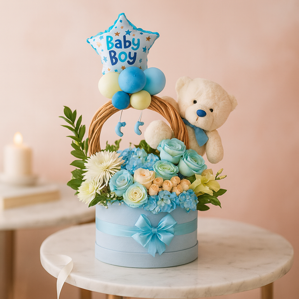 Baby Boy Flowers, Balloon and Teddy