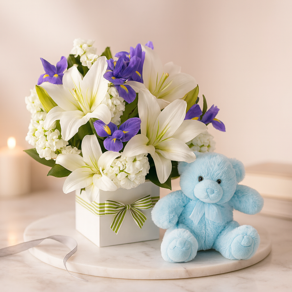 Newborn Baby Boy Bloom Box – White Lilies, Blue Accents & Soft Teddy Gift