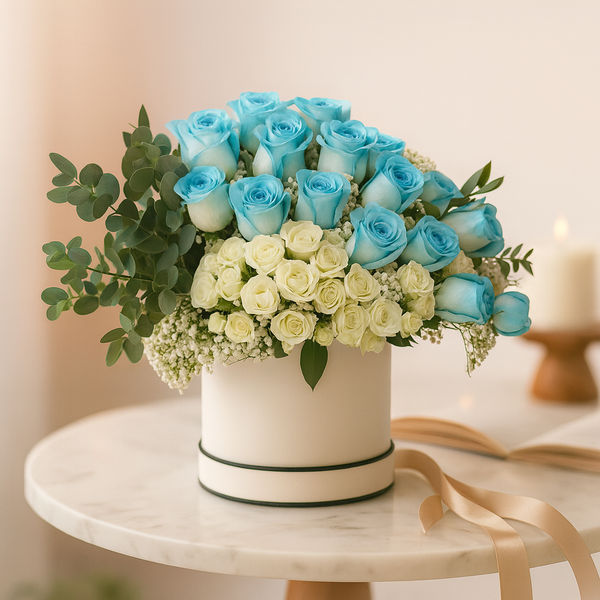 Blue Rose Magic Hatbox Flower Arrangement | White Spray Roses, Gypsophila, Eucalyptus | Elegant Gift Box Flowers