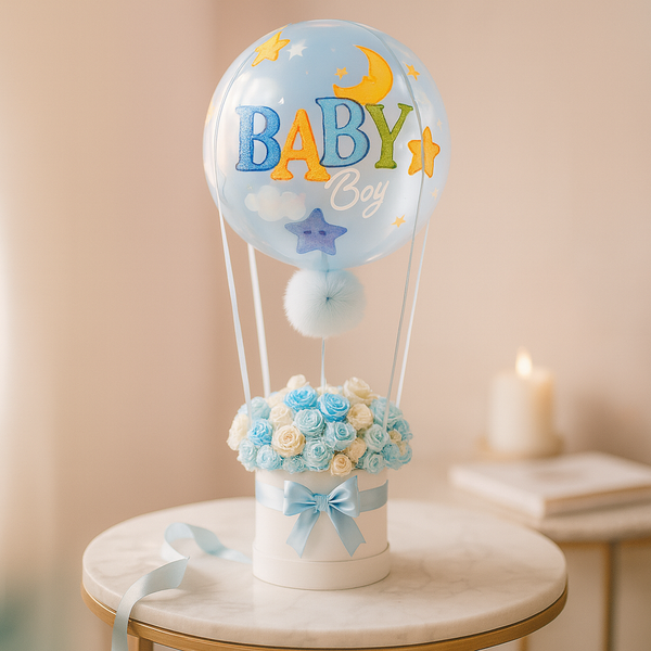 Baby Boy Blue Hot Air Inspire Fresh Flowers Arrangement