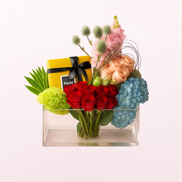 Sweets & Roses  on a Acrylic Tray Flower Arrangement PRE-ORDER 1DAY In Advance