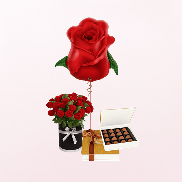 Luxury 3-in-1 Gift: 24 Red Roses, Heart Chocolate Box & Rose Bud Foil Balloon