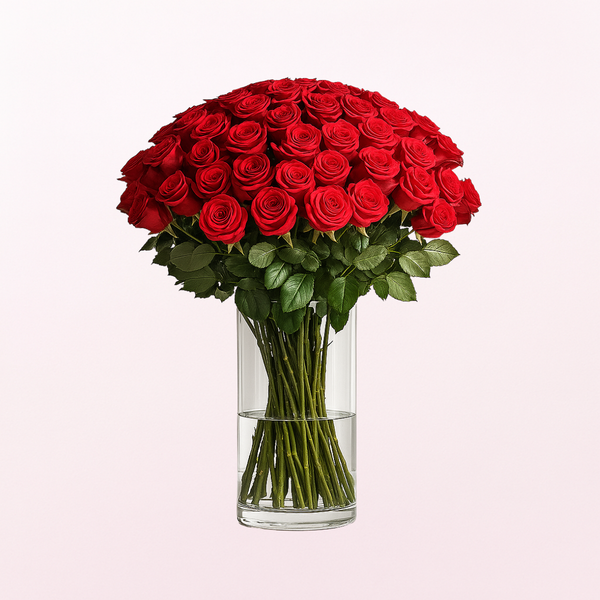 Classy Love Red Roses Fresh Flower Arrangement on a Glass Vase