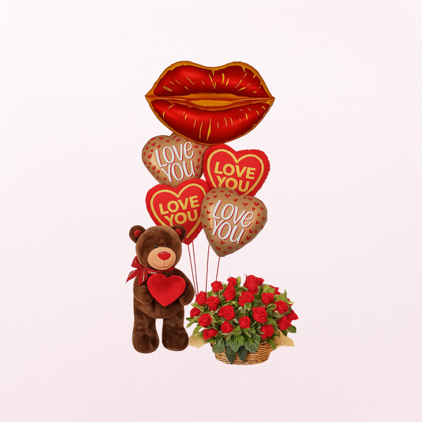Satin Smoochy Lips Big Teddy Basket of Love  Combo - 3 in 1