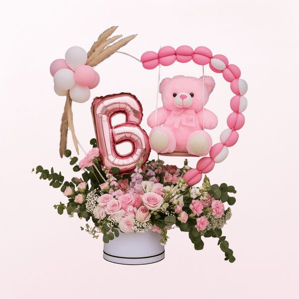 Any Letter It's A Girl Pink Teddy Flower Balloon Arrangement