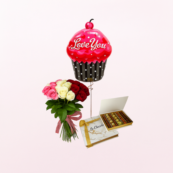 Love You Cupcake Tri-color Roses Organic Choco Combo - 3 in 1