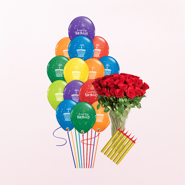 Luxury Birthday Bloom & Balloon Surprise – Roses, Balloons and Candles Combo