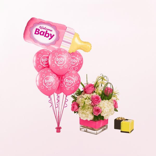 Luxury Baby Girl Flowers with Balloons & Chocolates